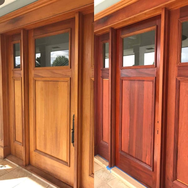 Side-by-side front door before and after wood restoration