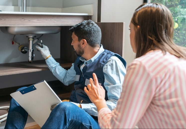 Plumber-explaining-to-a-client-the-problem-with-her-kitchen-sink Plumber-explaining-to-a-client-the-problem-with-her-kitchen-sink