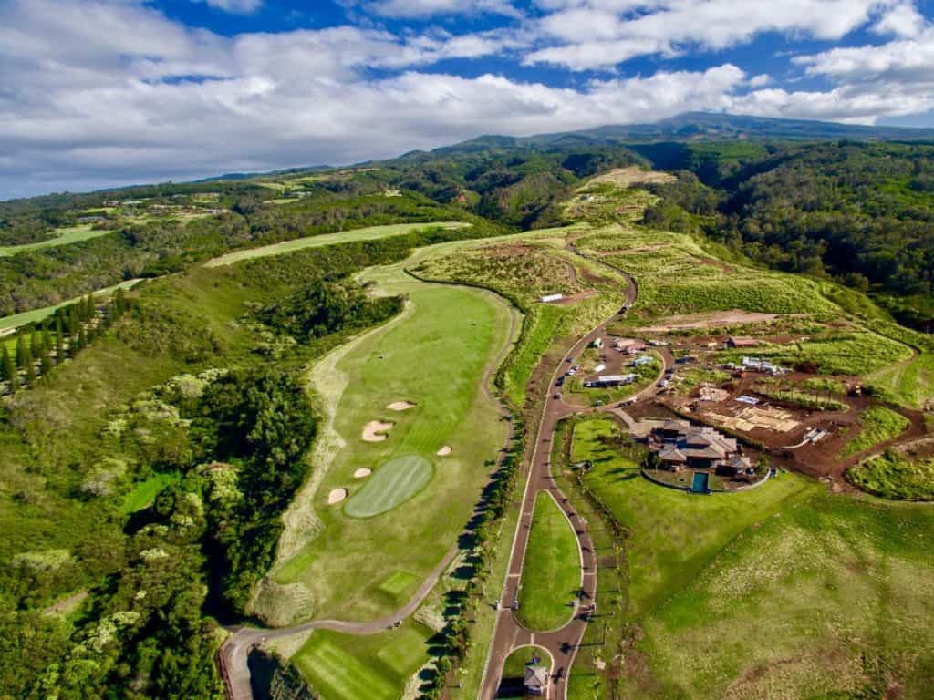 Mahana Estates at Kapalua Maui, aerial view showing adjoining PGA golf course