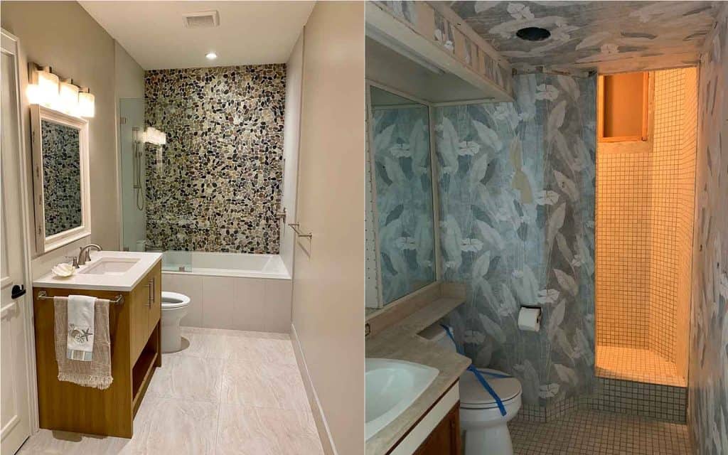 An example of a bathroom remodel, before and after, by remodeling contractor, Crescent Homes Maui.