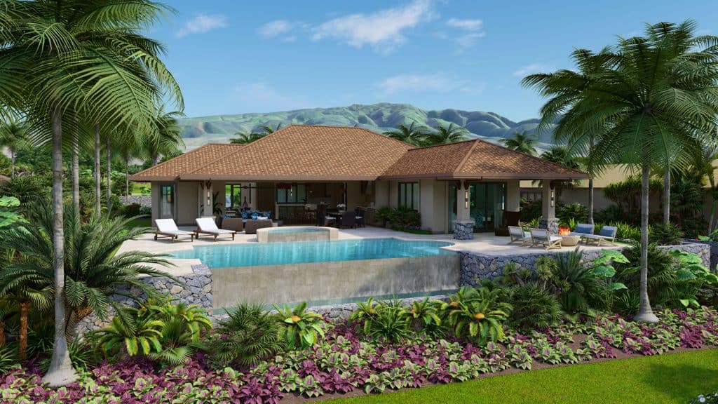 Image of an artist's rendering of the spec home with an infinity pool at Lanikeha Lot 9