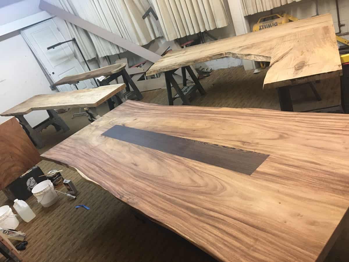 Inlaid wood table top before finishing