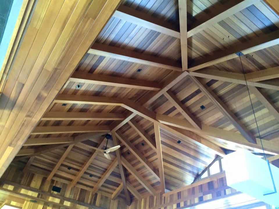 Ceiling rafters with exotic woods freshly refinished.