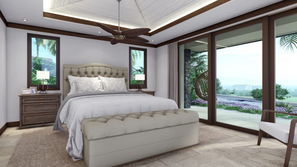 Master bedroom with view and doors to the lanai built by the best Maui construction company